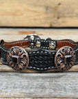 Leather Dog Collar With Black Fleur De Lis Conchos 12" to 22" W241 -DC73