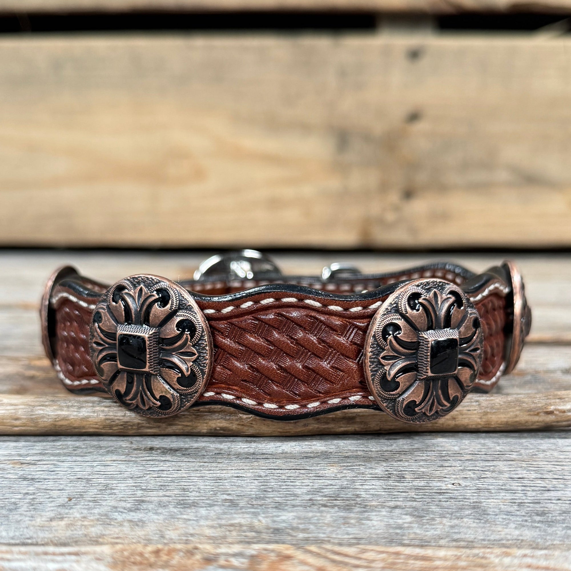 Leather Dog Collar With Black Fleur De Lis Conchos 12" to 22" W241 -DC73