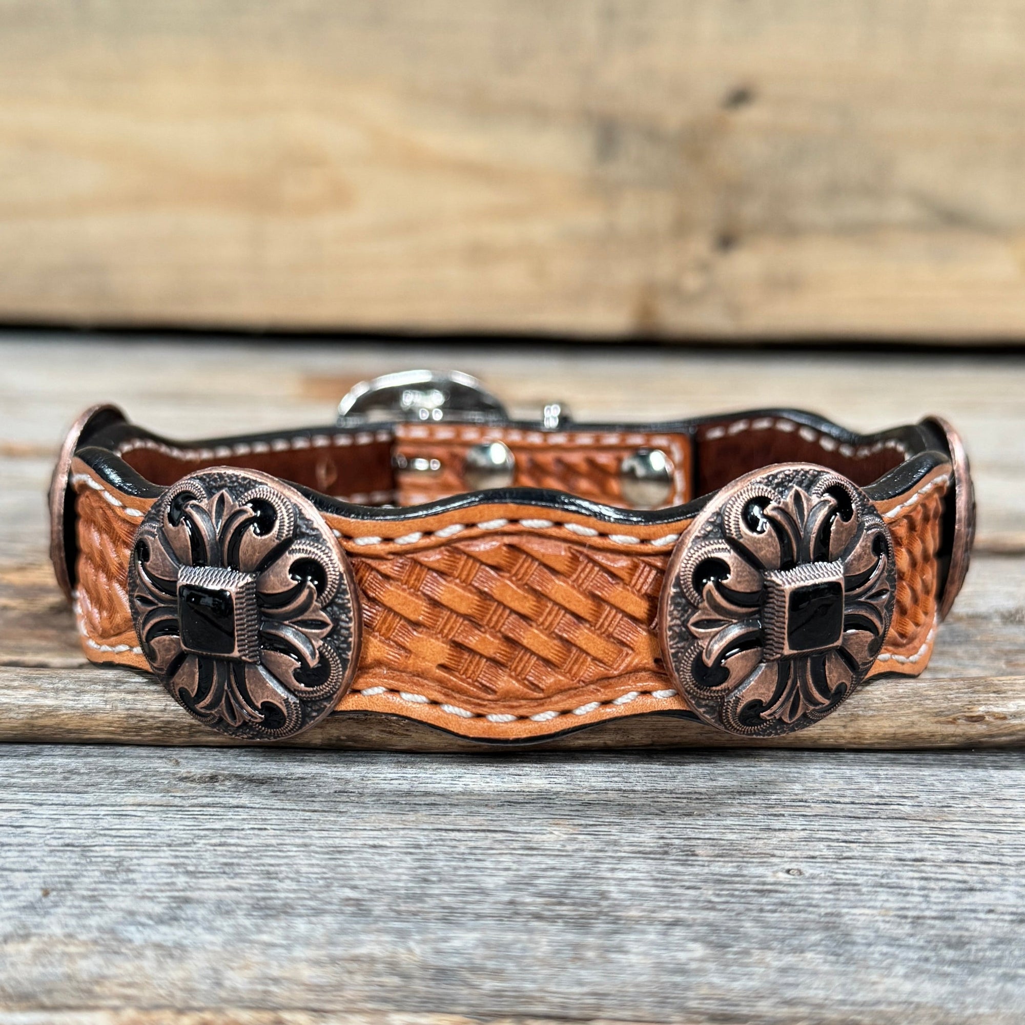 Leather Dog Collar With Black Fleur De Lis Conchos 12" to 22" W241 -DC73