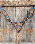 Two Tone Floral Triangle Antique Silver Turquoise Browband/One Ear - Triangle/Gladiator Breastcollar Tack Set