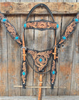 Two Tone Floral Triangle Antique Silver Turquoise Browband/One Ear - Triangle/Gladiator Breastcollar Tack Set