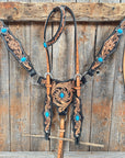 Two Tone Floral Triangle Antique Silver Turquoise Browband/One Ear - Triangle/Gladiator Breastcollar Tack Set