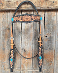 Two Tone Floral Triangle Antique Silver Turquoise Browband/One Ear - Triangle/Gladiator Breastcollar Tack Set