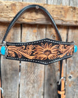 Two Tone Floral Triangle Antique Silver Turquoise Browband/One Ear - Triangle/Gladiator Breastcollar Tack Set