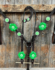 Dark Oil Basketweave Neon Green - AB Browband/One Ear Tack Set