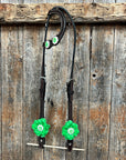 Dark Oil Basketweave Neon Green - AB Browband/One Ear Tack Set