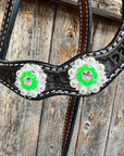 Dark Oil Basketweave Neon Green - AB Browband/One Ear Tack Set