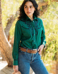 Ladies Cotton Green Embroidery Western Shirt