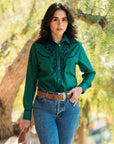 Ladies Cotton Green Embroidery Western Shirt