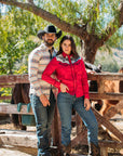 Ladies Cotton Red Embroidery Western Shirt With Suede