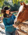 Ladies Cotton Blue Embroidery Western Shirt With Suede