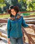 Ladies Cotton Blue Embroidery Western Shirt With Suede