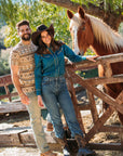 Ladies Cotton Blue Embroidery Western Shirt With Suede
