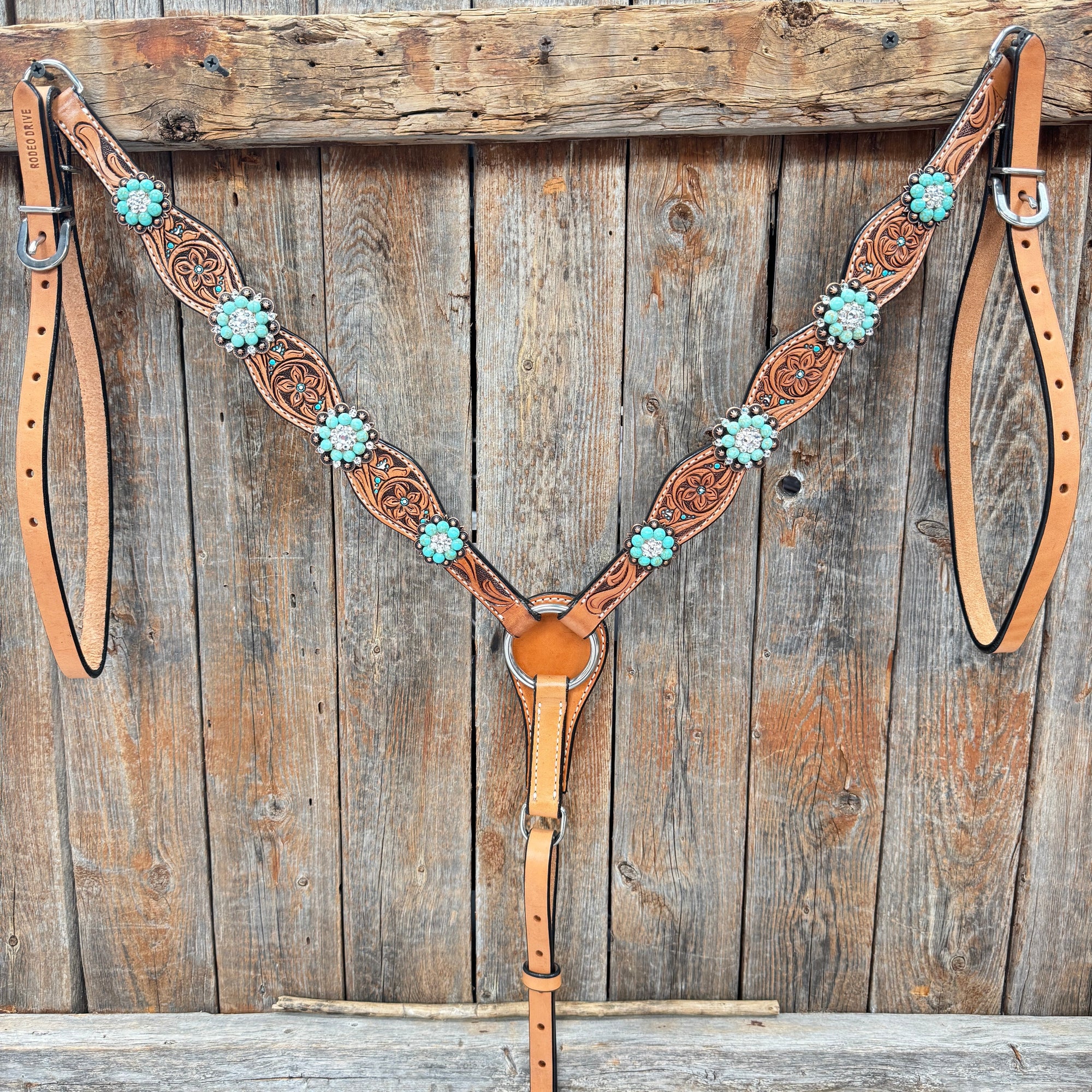 Floral Teal Dot Turquoise - Clear Browband/One Ear Headstall - Breastcollar Tack Set