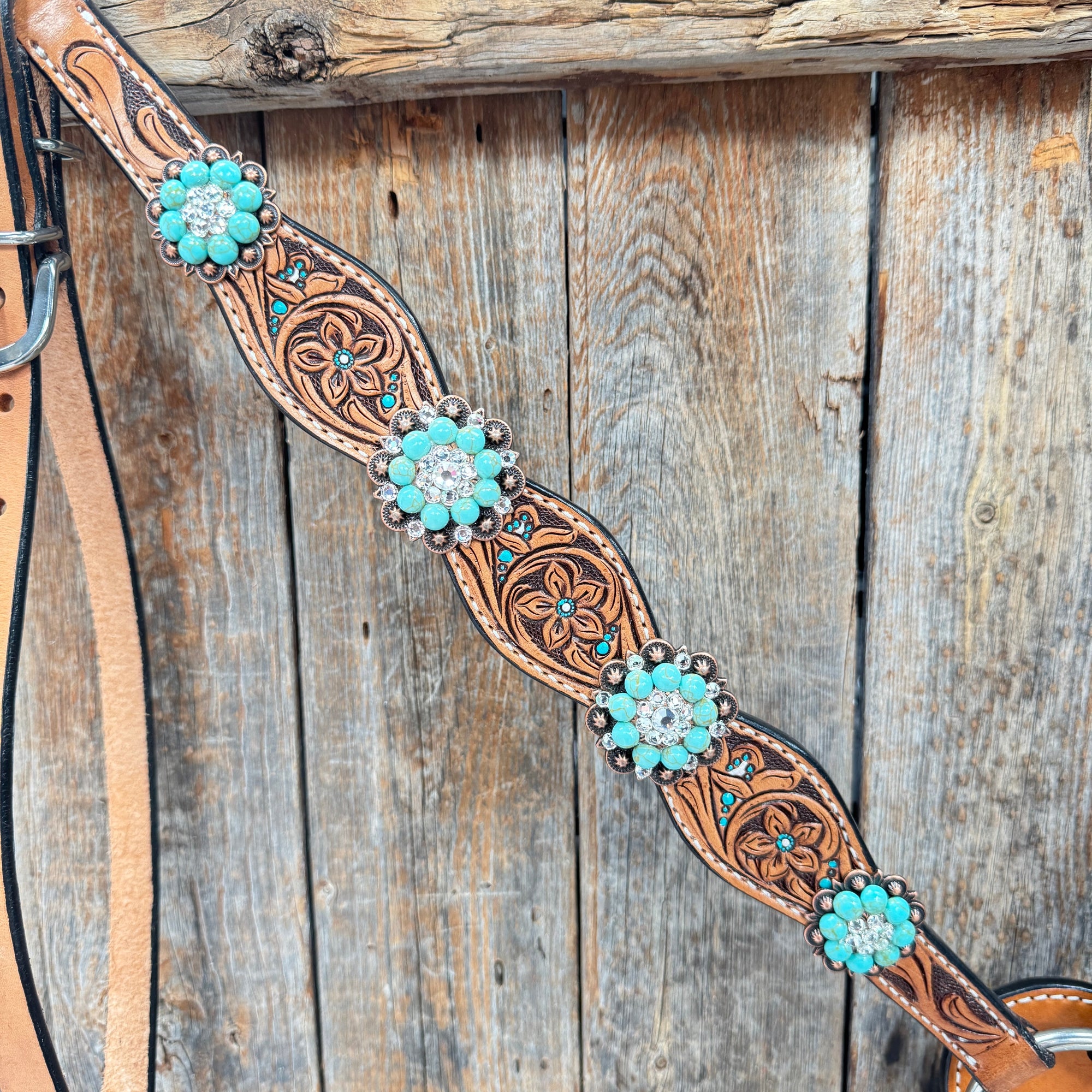 Floral Teal Dot Turquoise - Clear Browband/One Ear Headstall - Breastcollar Tack Set