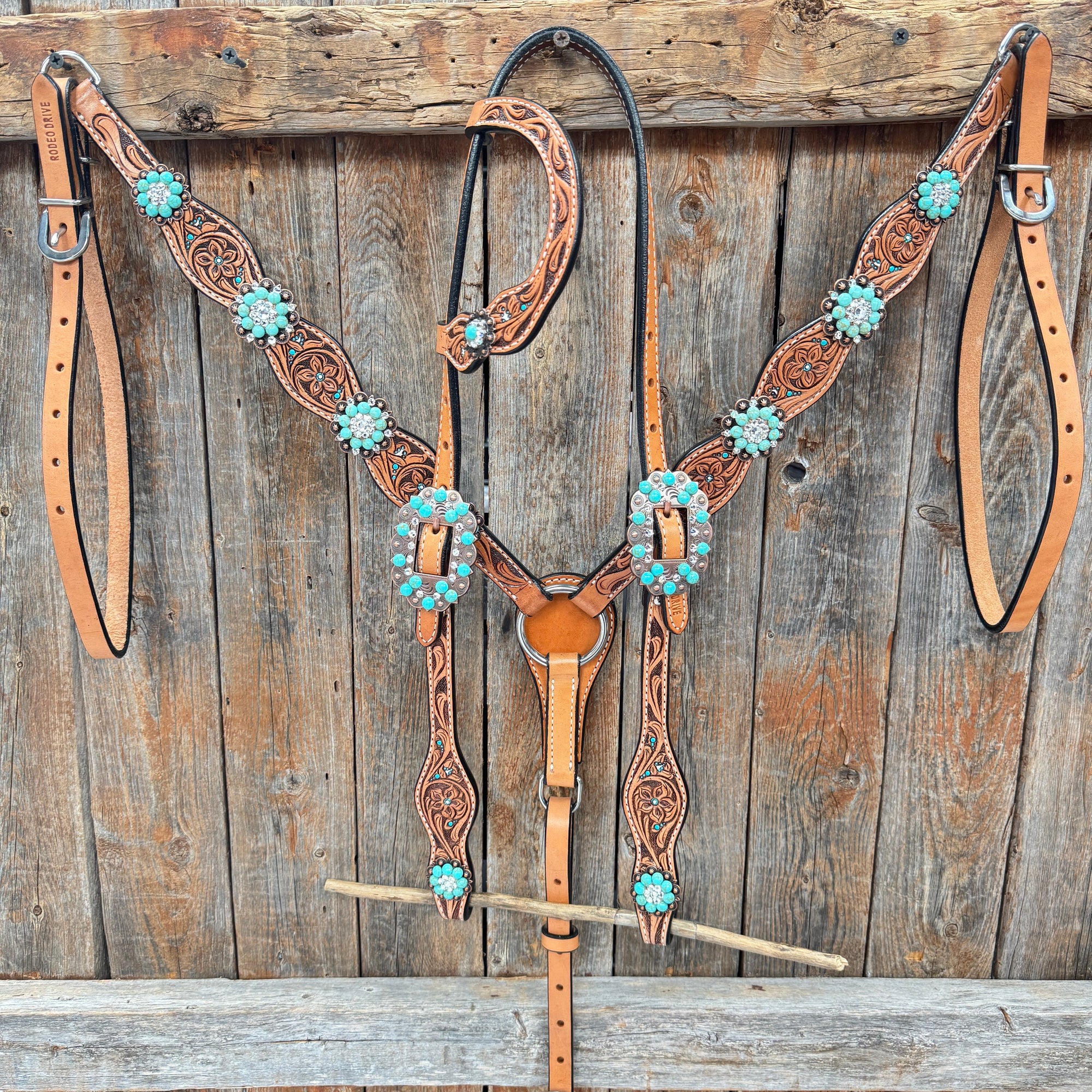 Floral Teal Dot Turquoise - Clear Browband/One Ear Headstall - Breastcollar Tack Set