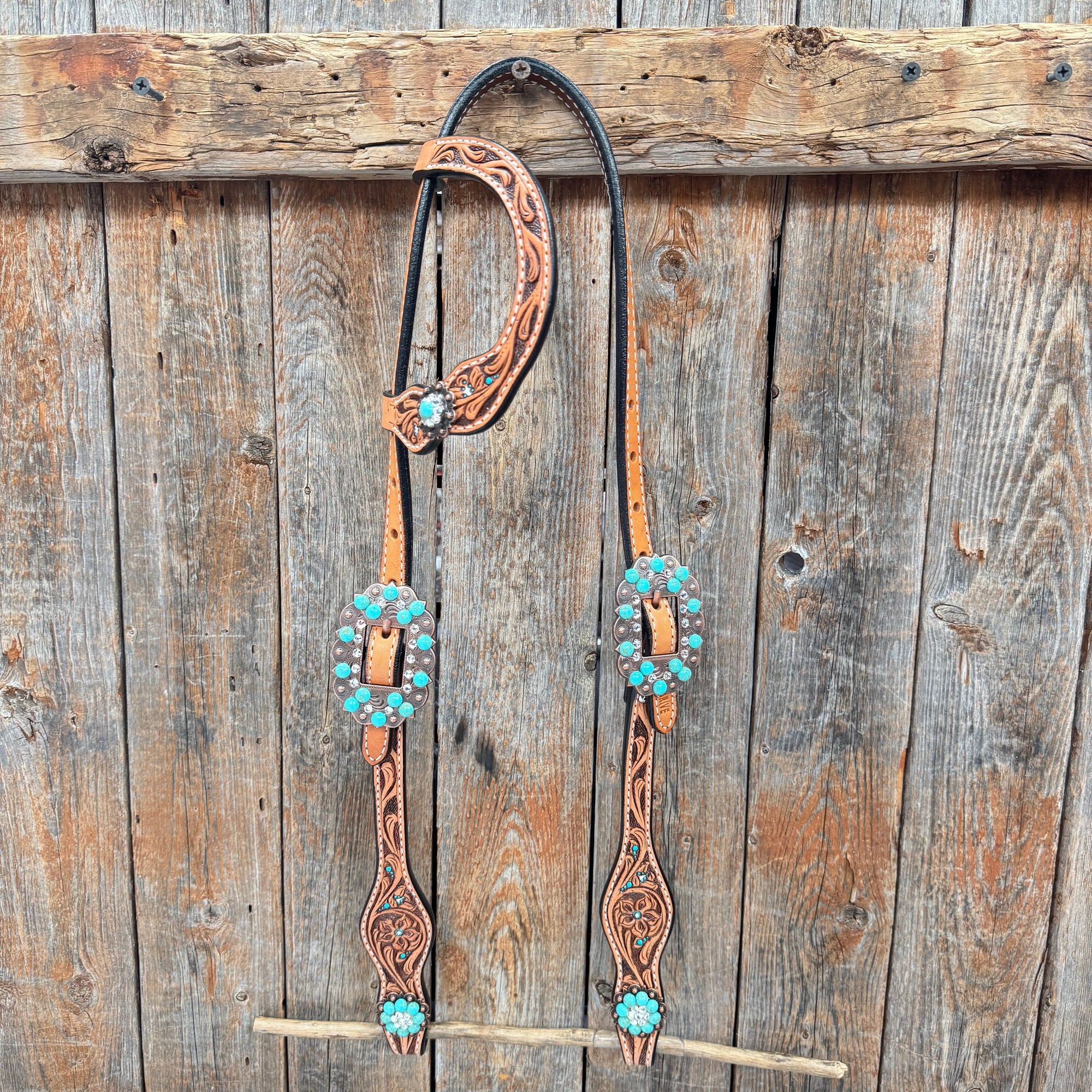 Floral Teal Dot Turquoise - Clear Browband/One Ear Headstall - Breastcollar Tack Set