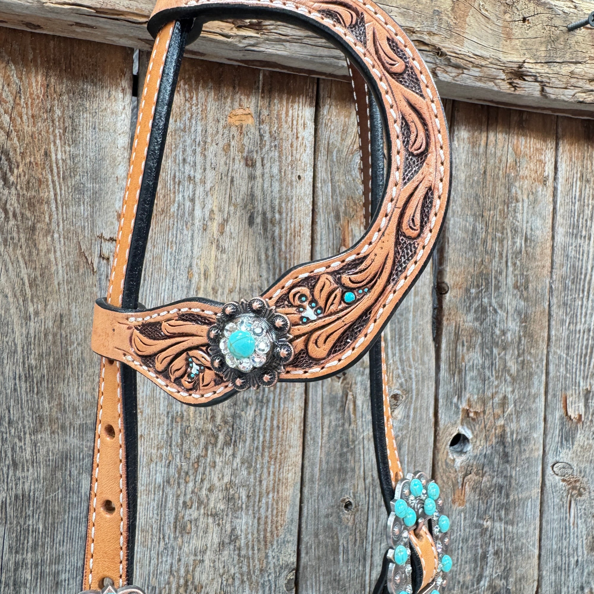 Floral Teal Dot Turquoise - Clear Browband/One Ear Headstall - Breastcollar Tack Set