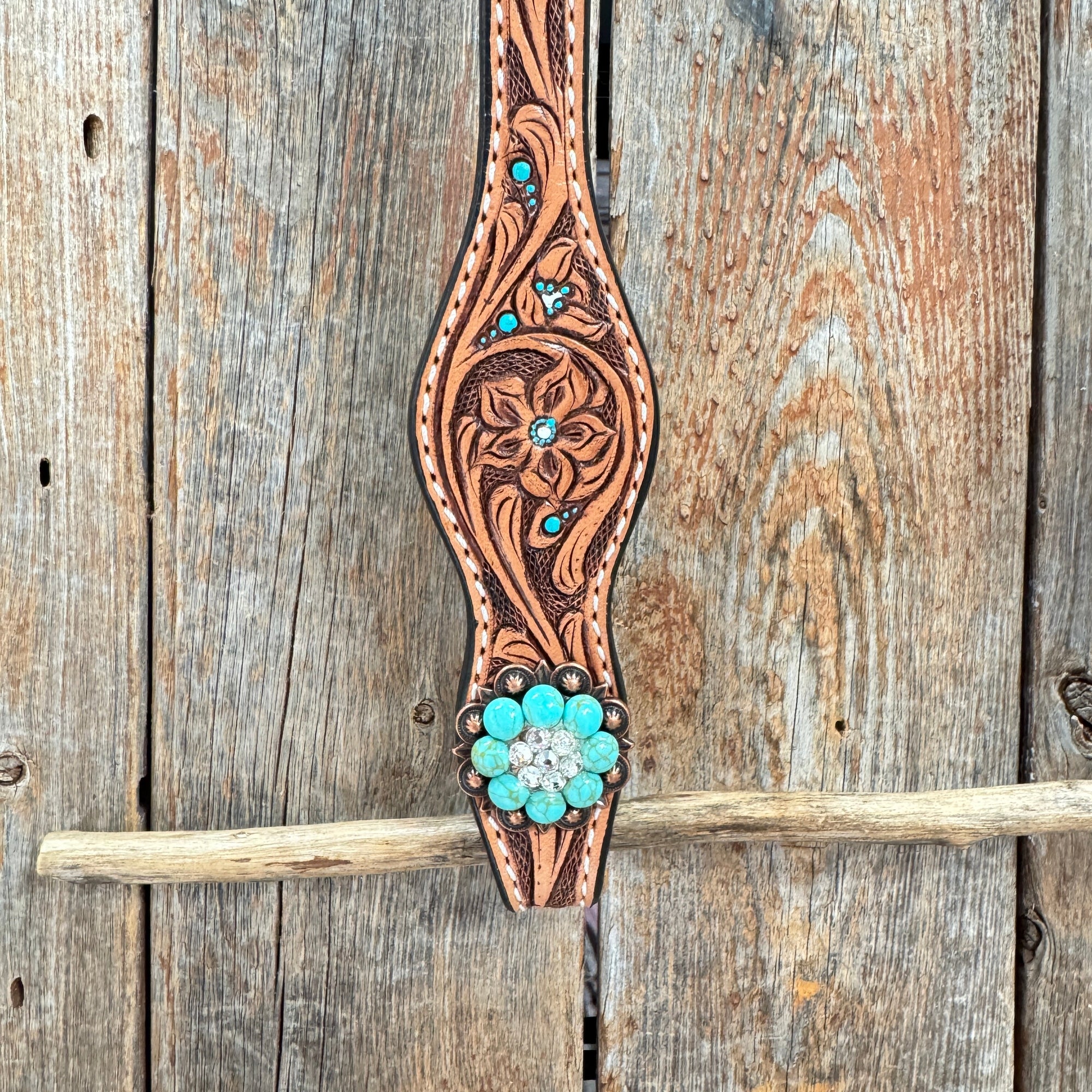 Floral Teal Dot Turquoise - Clear Browband/One Ear Headstall - Breastcollar Tack Set