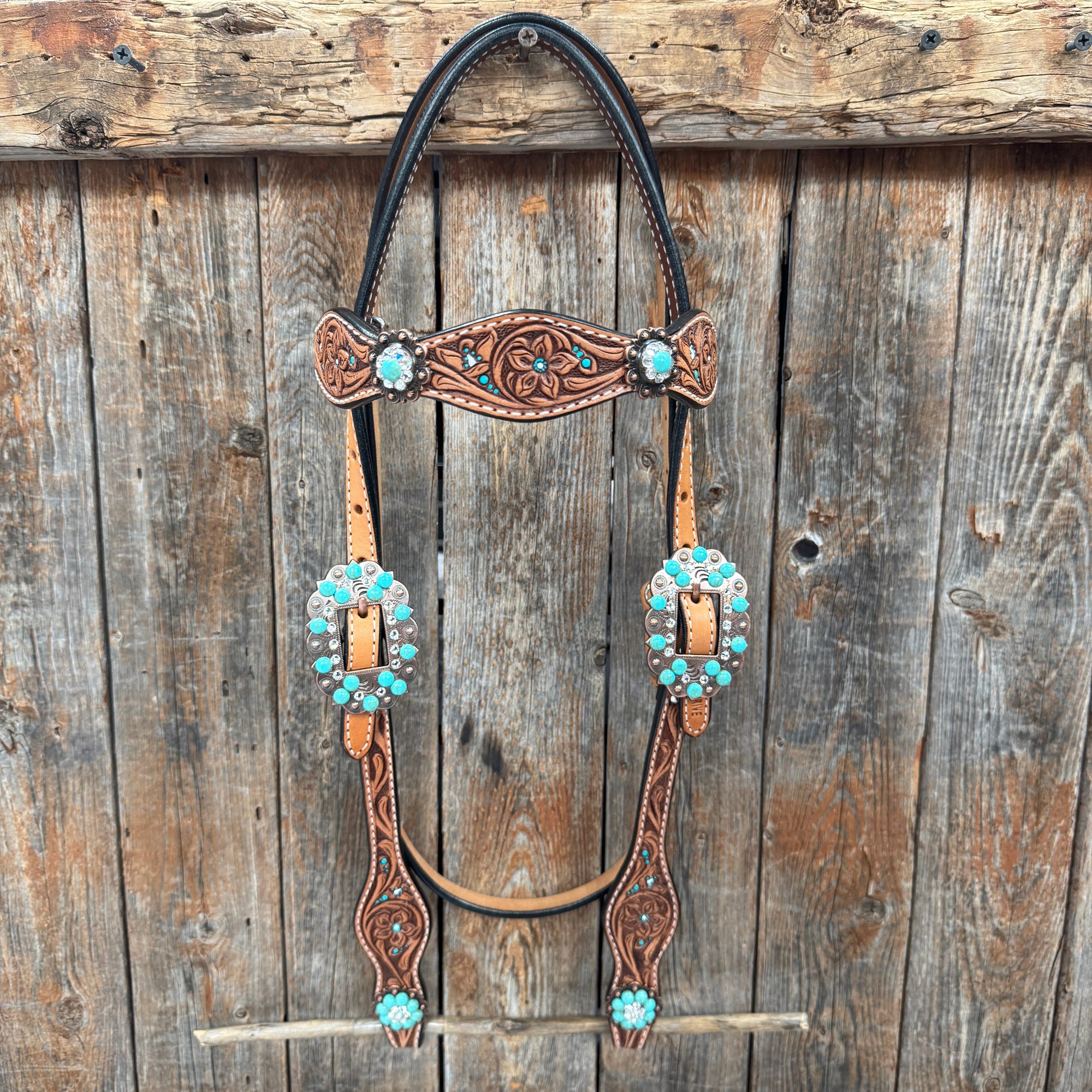 Floral Teal Dot Turquoise - Clear Browband/One Ear Headstall - Breastcollar Tack Set