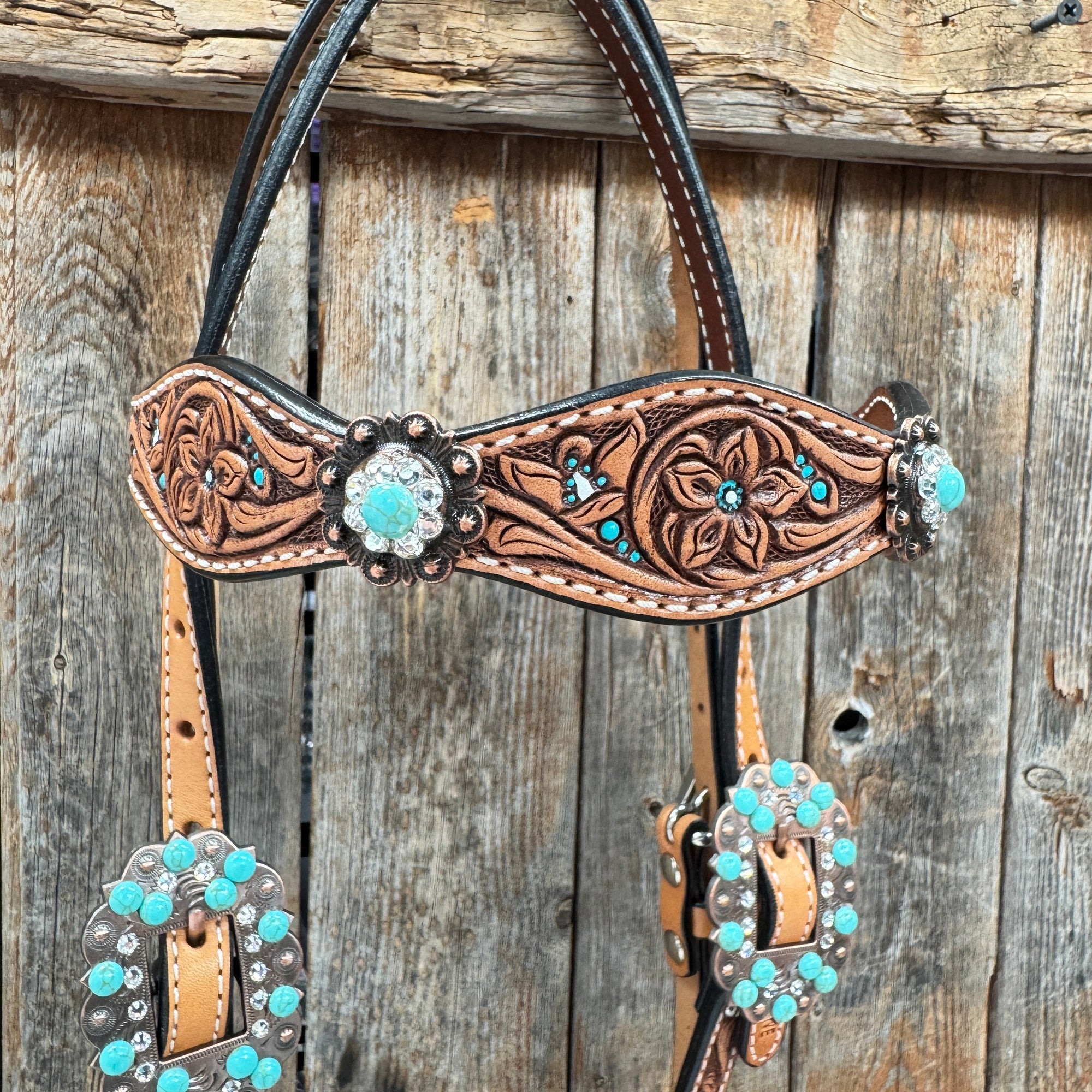 Floral Teal Dot Turquoise - Clear Browband/One Ear Headstall - Breastcollar Tack Set