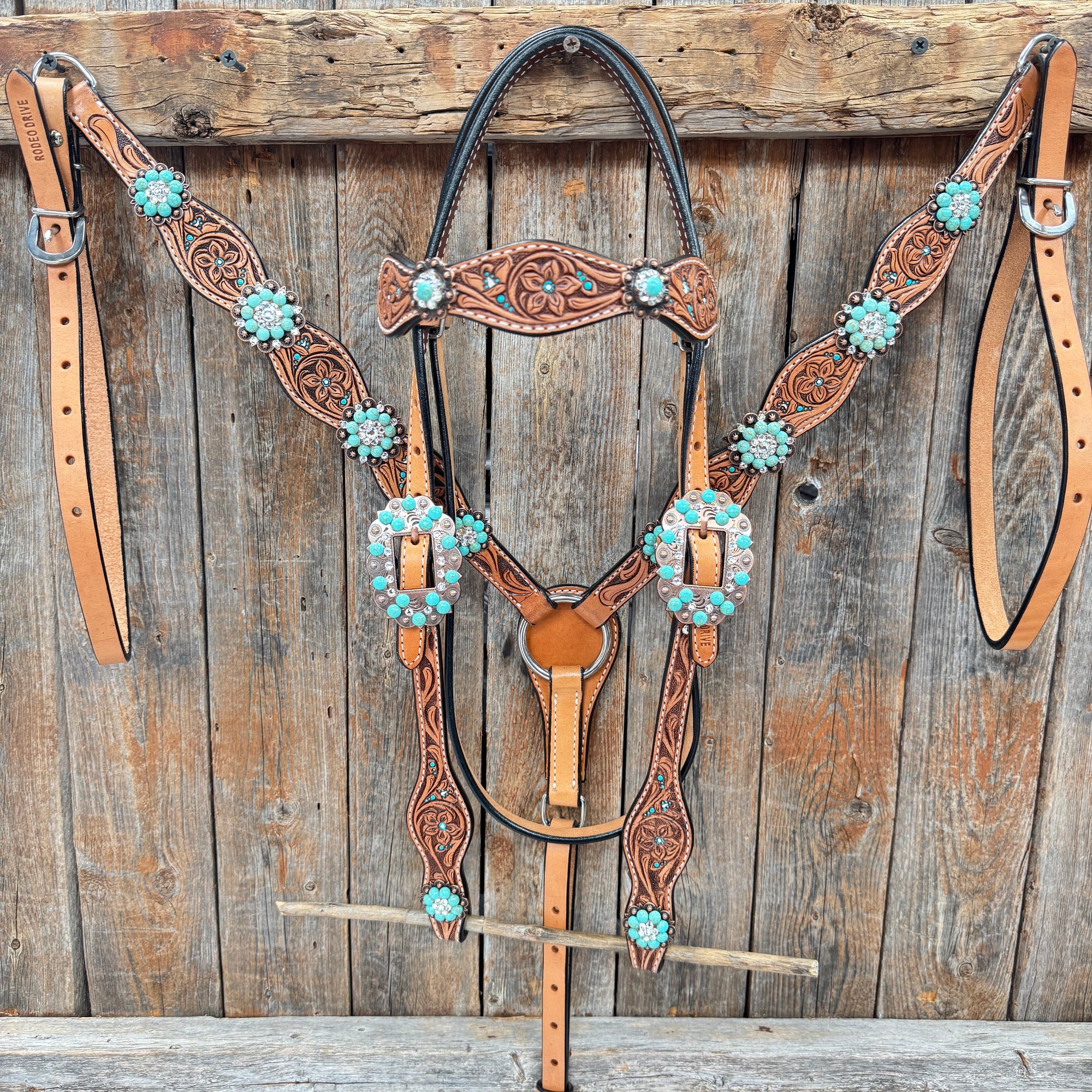 Floral Teal Dot Turquoise - Clear Browband/One Ear Headstall - Breastcollar Tack Set