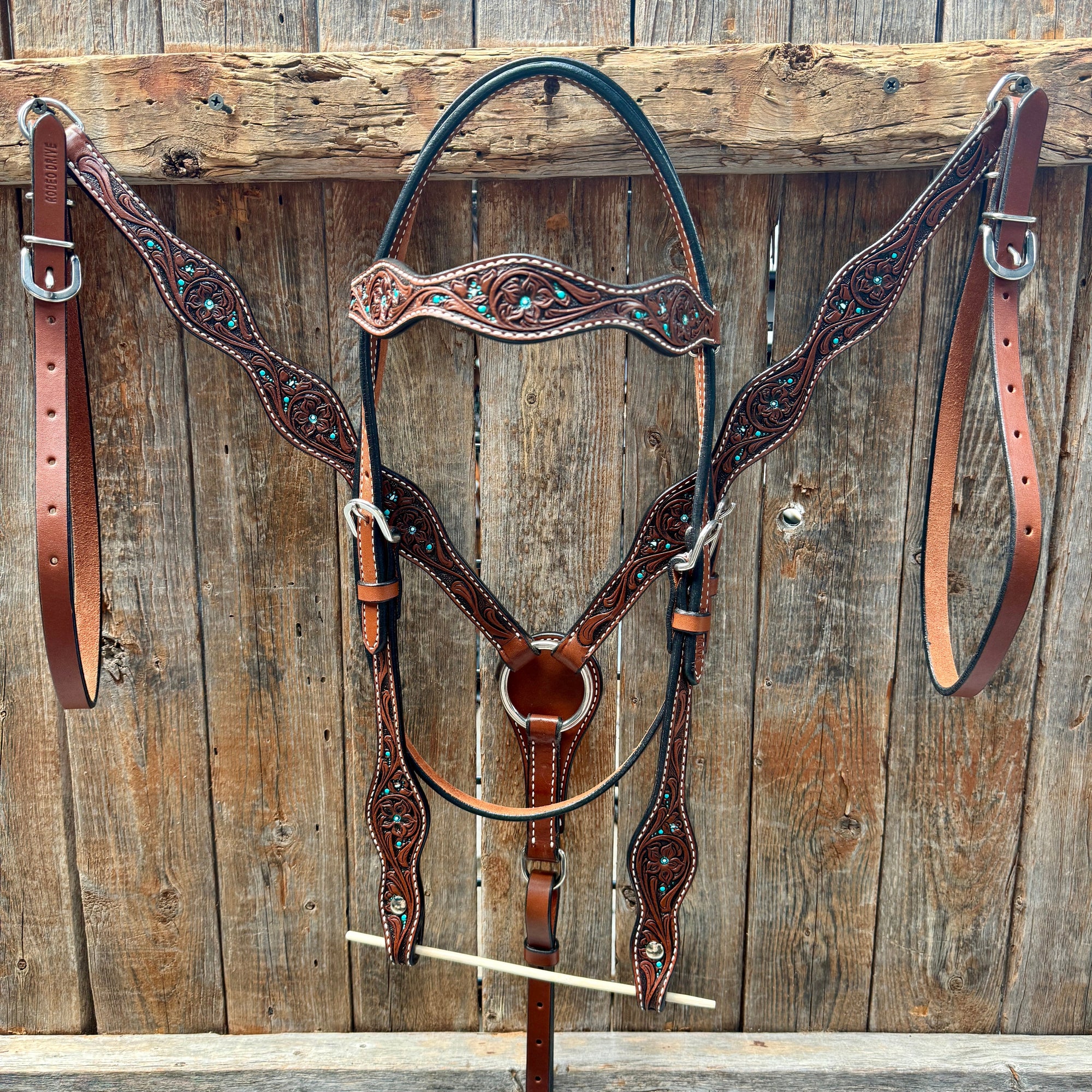 Medium Oil Floral and Teal Dot Browband / One Ear Headstall and Breastcollar Tack Sets