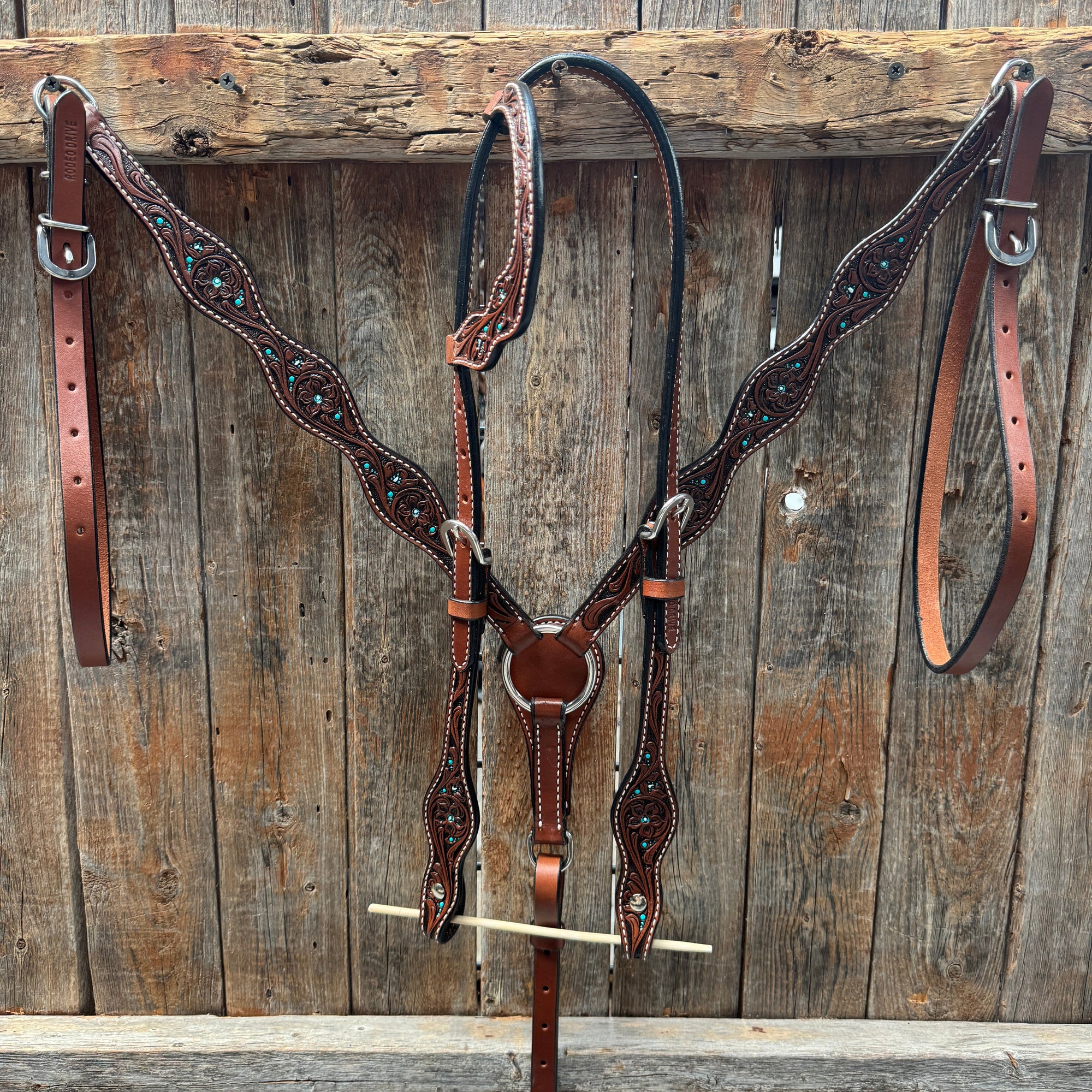 Medium Oil Floral and Teal Dot Browband / One Ear Headstall and Breastcollar Tack Sets