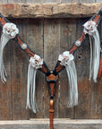 Two Tone Leaf White Browband/One Ear Headstall & Breastcollar Tack Set