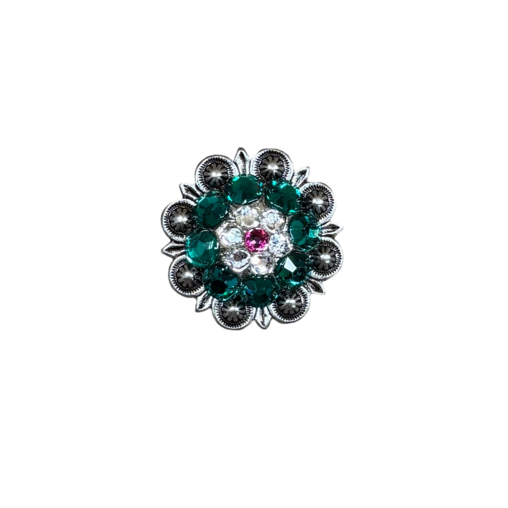 Antique Silver Fuchsia, Clear and Emerald  Crystal Conchos - Sizes from 1"- 3" and Buckles
