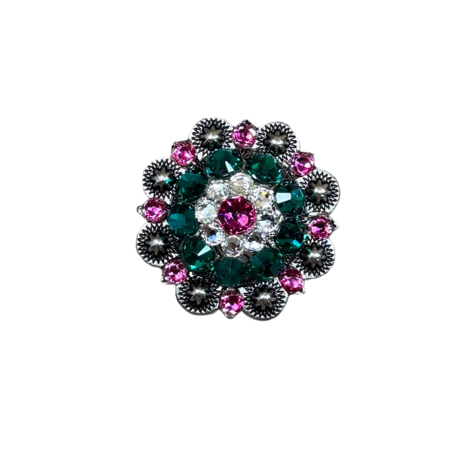 Antique Silver Fuchsia, Clear and Emerald  Crystal Conchos - Sizes from 1"- 3" and Buckles