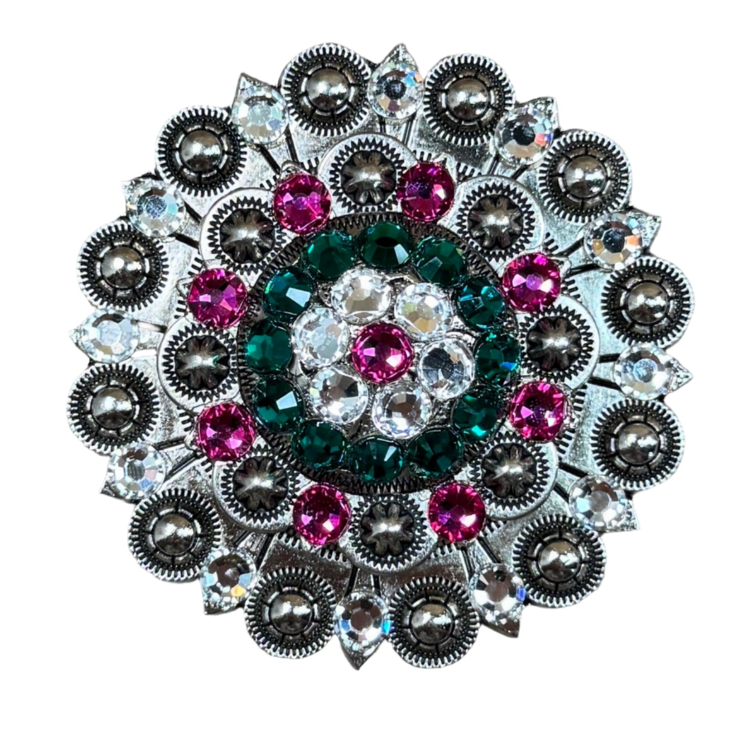 Antique Silver Fuchsia, Clear and Emerald  Crystal Conchos - Sizes from 1"- 3" and Buckles