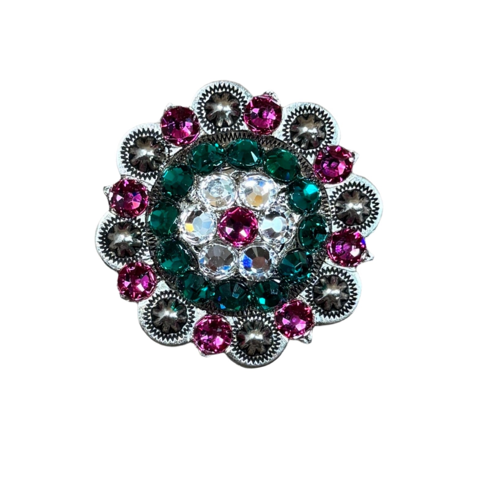 Antique Silver Fuchsia, Clear and Emerald  Crystal Conchos - Sizes from 1"- 3" and Buckles