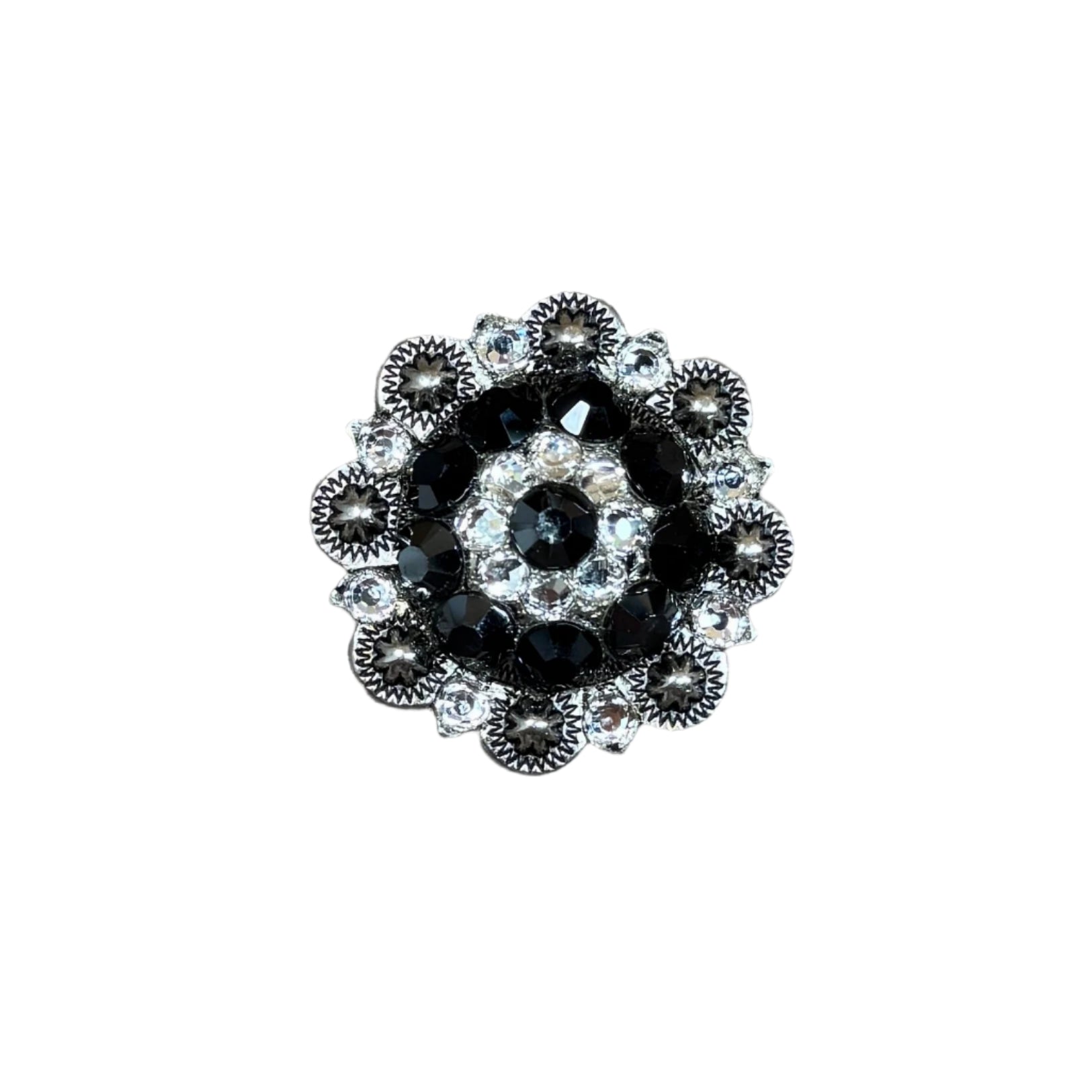 Antique Silver Jet, Clear Crystal Conchos - Sizes from 1"- 3" and Buckles