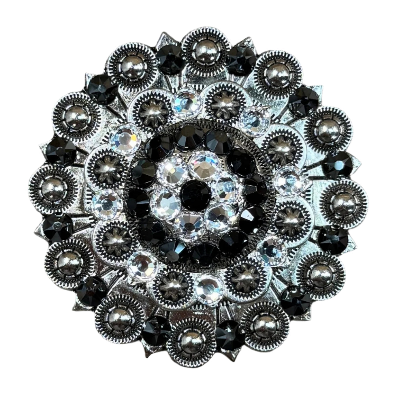 Antique Silver Jet, Clear Crystal Conchos - Sizes from 1"- 3" and Buckles