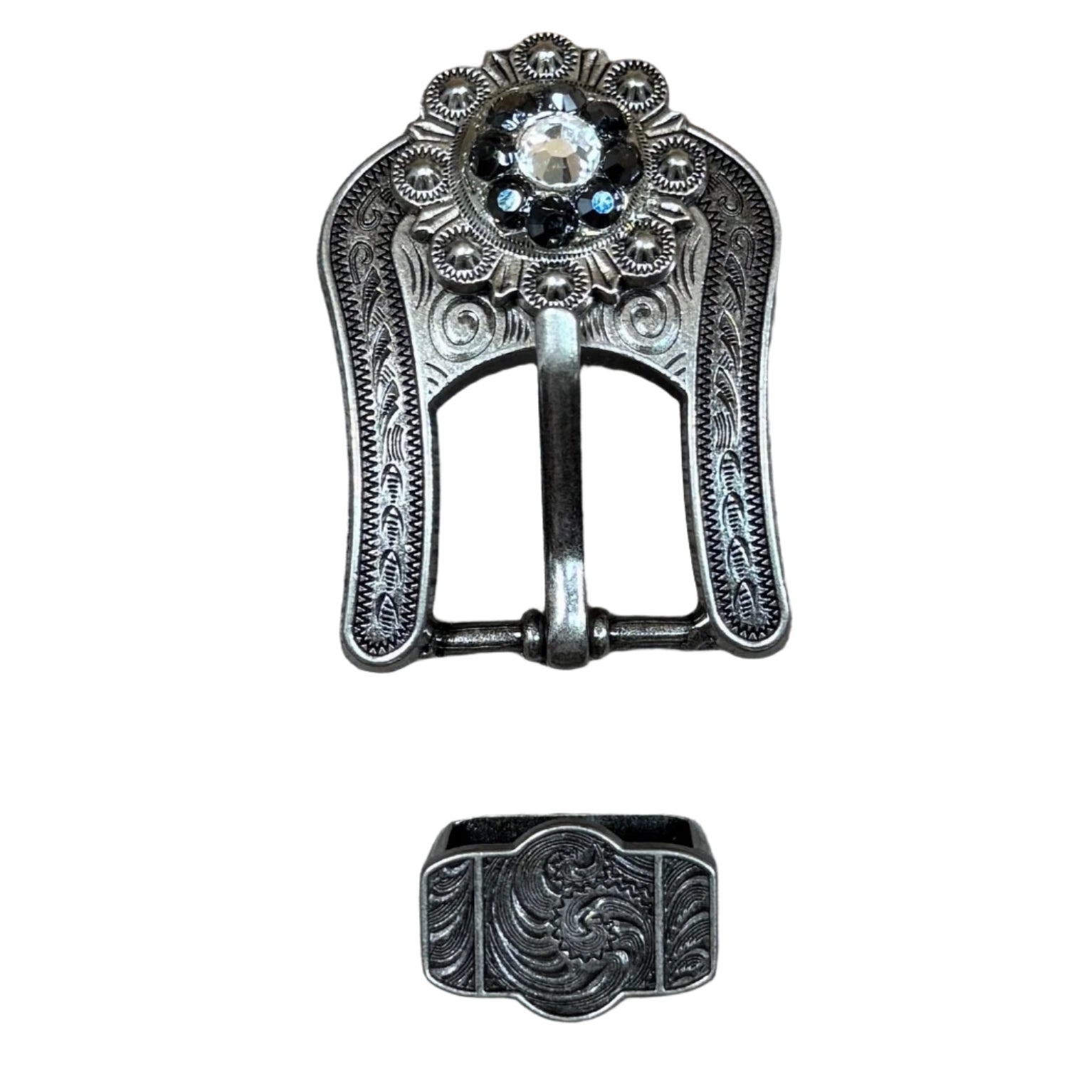 Antique Silver Jet, Clear Crystal Conchos - Sizes from 1"- 3" and Buckles