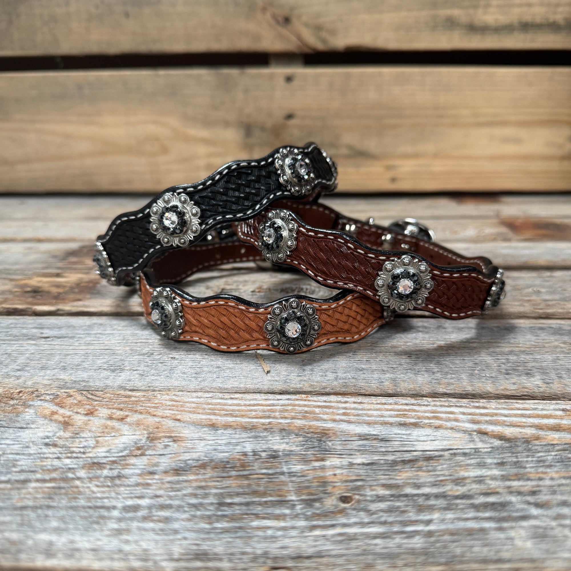 Leather Dog Collar With Antique Silver Jet and Clear Conchos 10" to 22" -DC75