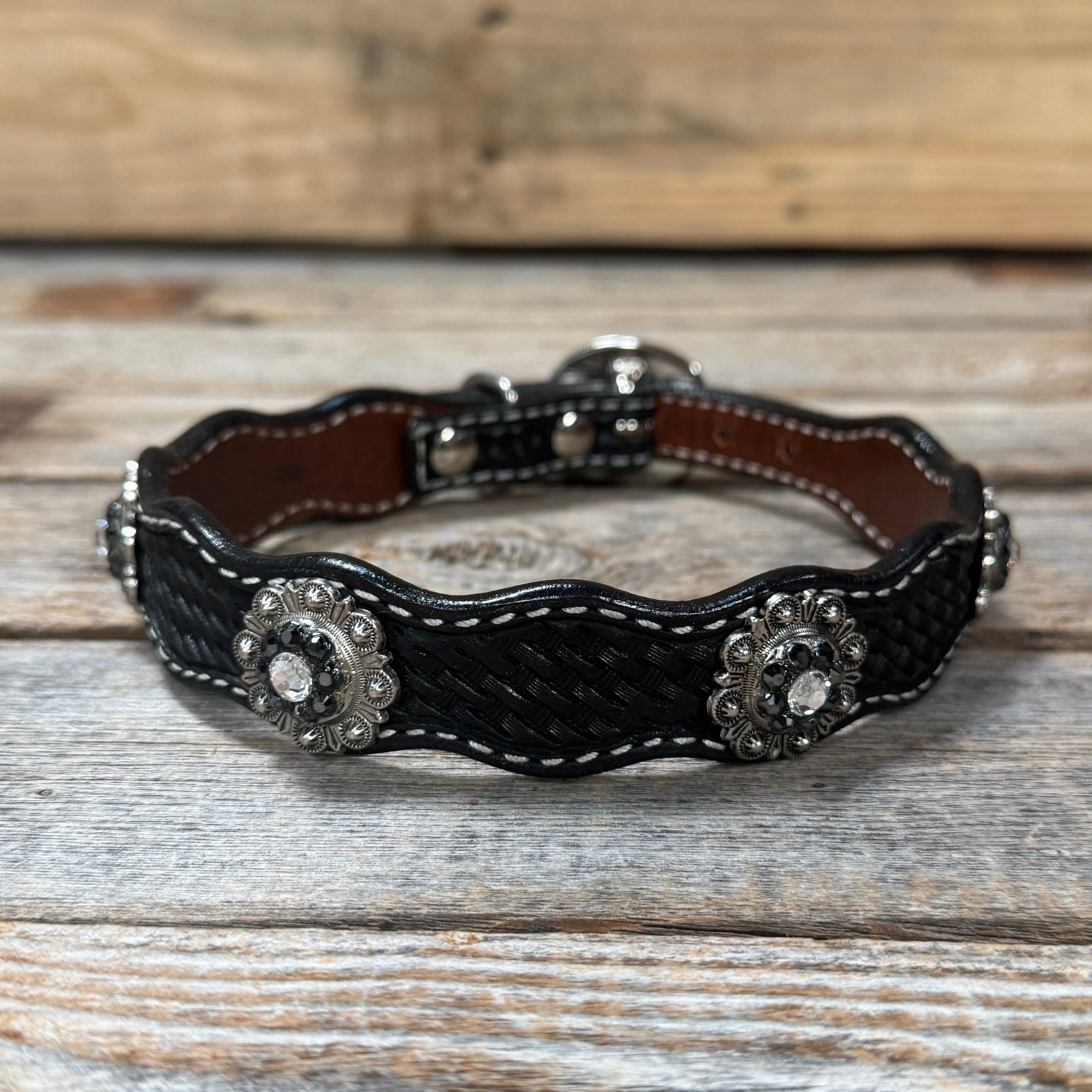 Leather Dog Collar With Antique Silver Jet and Clear Conchos 10" to 22" -DC75