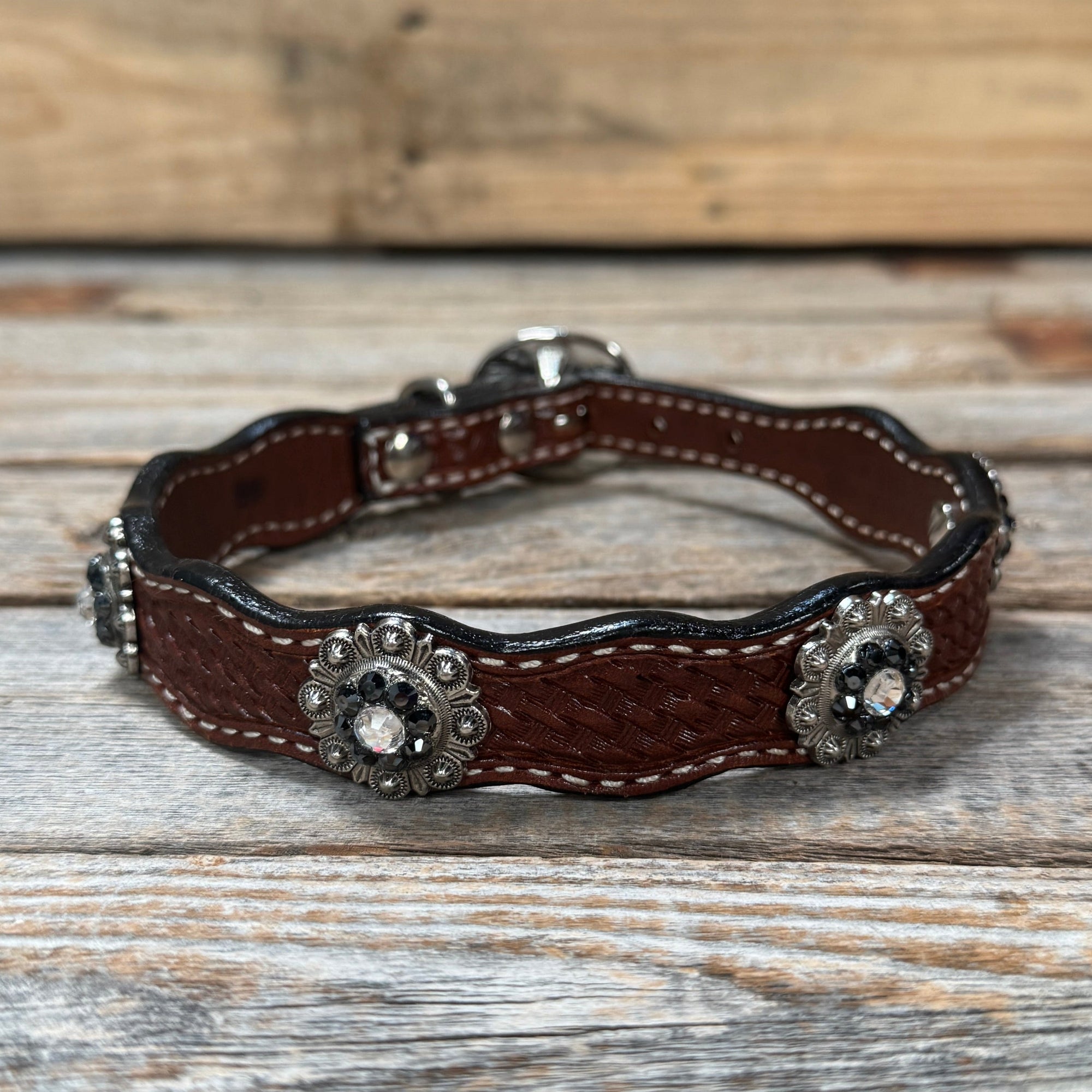 Leather Dog Collar With Antique Silver Jet and Clear Conchos 10" to 22" -DC75