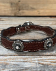 Leather Dog Collar With Antique Silver Jet and Clear Conchos 10" to 22" -DC75