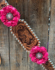 Light Oil Whipstitch Pink and White One Ear & Breastcollar Tack Set