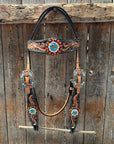 Two Tone Floral Triangle Orange and Teal Browband/One Ear - Triangle/Gladiator Breastcollar Tack Set