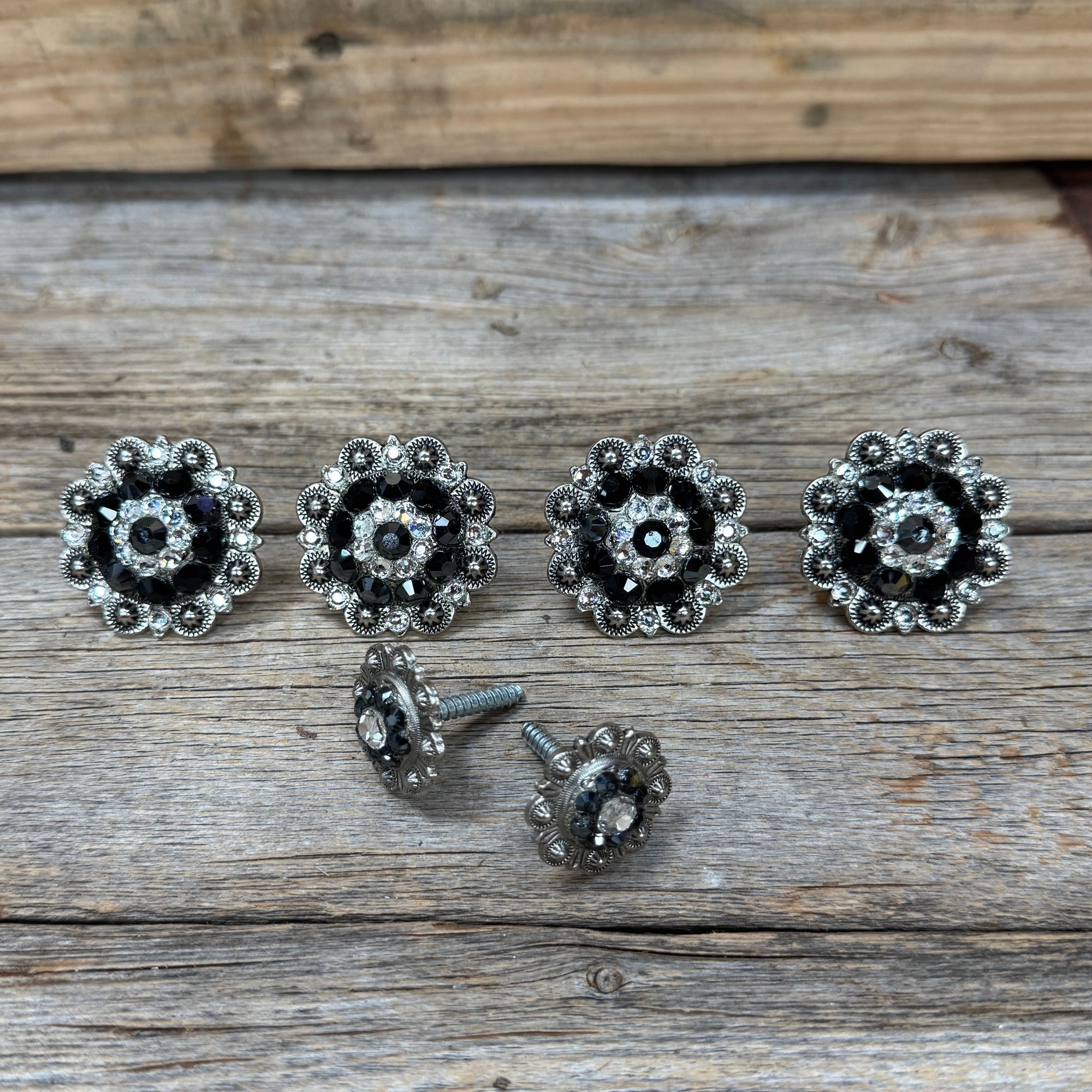 Antique Silver Jet and Clear Saddle Conchos