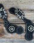 Black Floral Spur Straps - Antique Silver Crystal Conchos