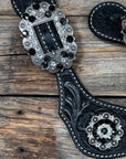 Black Floral Spur Straps - Antique Silver Crystal Conchos