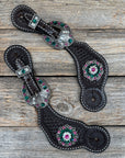 Dark Oil Basketweave Spur Straps - Antique Silver Crystal Conchos