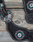Dark Oil Basketweave Spur Straps - Antique Silver Crystal Conchos