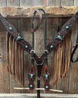 Dark Oil Hand Painted Turquoise Steer Head Browband/One Ear and Breastcollar Tack Set