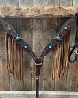 Dark Oil Hand Painted Turquoise Steer Head Browband/One Ear and Breastcollar Tack Set