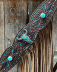 Dark Oil Hand Painted Turquoise Steer Head Browband/One Ear and Breastcollar Tack Set